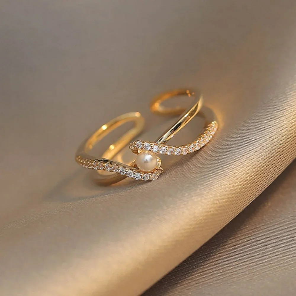 Women’s Pearl & Rhinestone Cross Design Adjustable Ring